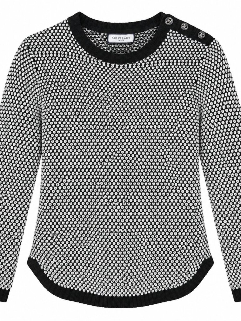 Charter Club SP Black White Knit Sweater Gold Flecks Shoulder Buttons Parisian